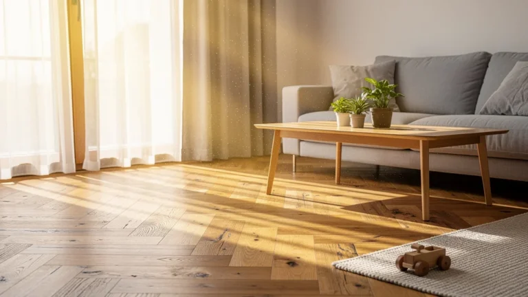 Parquet écologique en bois naturel impeccable après deux ans, durable et esthétique dans un salon lumineux
