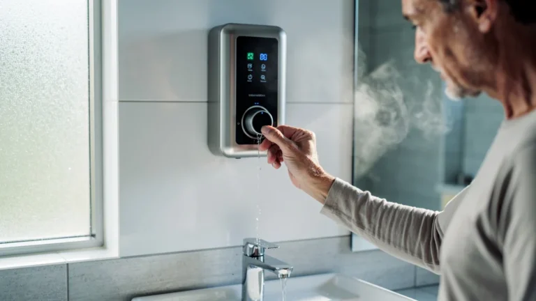 Chauffe-eau instantané moderne avec contrôle précis du débit d'eau dans une salle de bain lumineuse