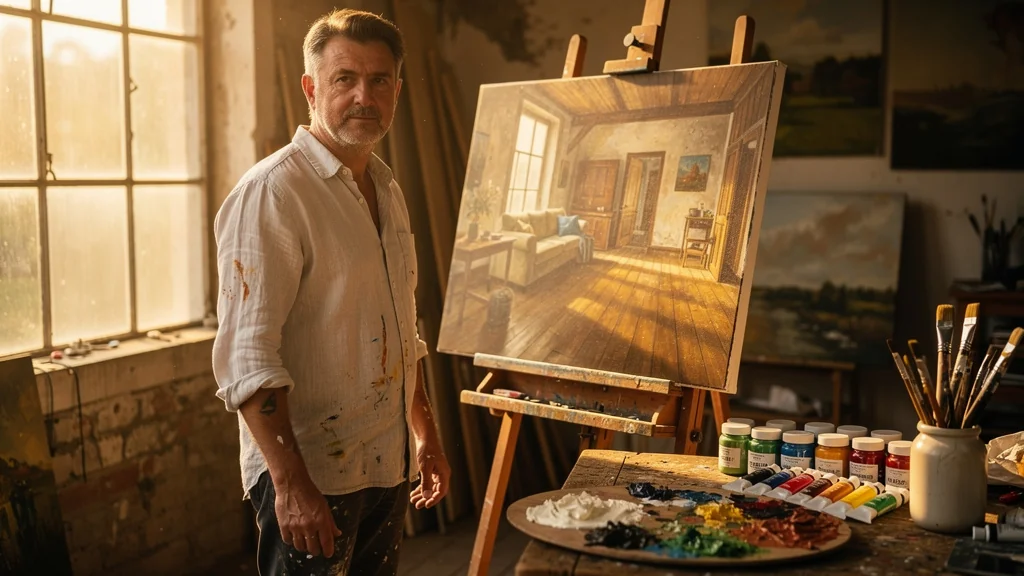 Homme de 44 ans dans son atelier, transition de la peinture acrylique à la caséine avec outils et ambiance studieuse