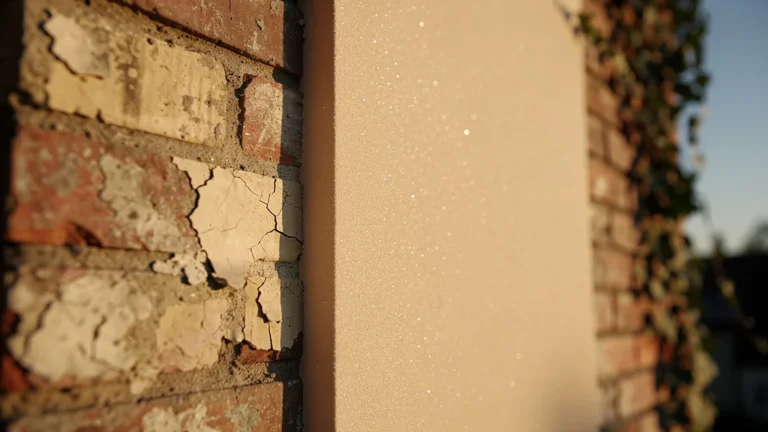 Mur ancien recouvert de deux couches de silicate uniformes, rénovation crépi avec effet lisse naturel