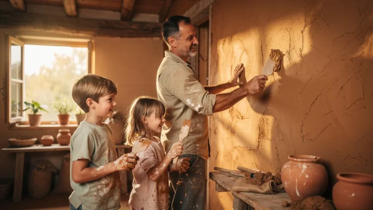 Homme enduisant un mur à l'argile avec ses enfants, moment chaleureux et souvenir familial en rénovation