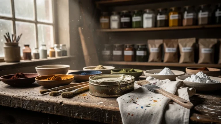 Atelier d'artisan montrant peinture naturelle à la caséine, textures et couleurs distinctes en lumière naturelle