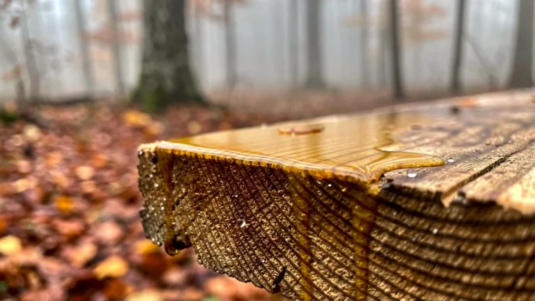 Gros plan sur bois brut huilé à la lin résistant aux averses d'automne en lumière naturelle