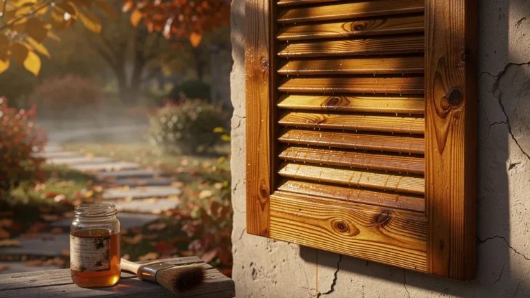 Volet en bois traité à l'huile de lin en automne, entretien maison durable et naturel