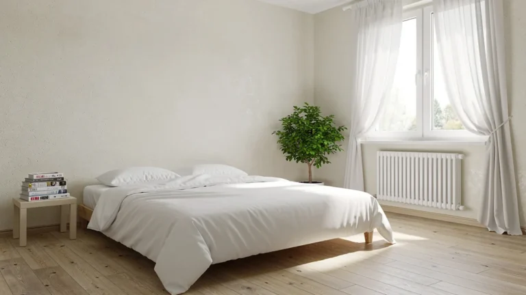 Chambre fraîchement peinte au silicate, ambiance saine sans COV, lumineuse et apaisante