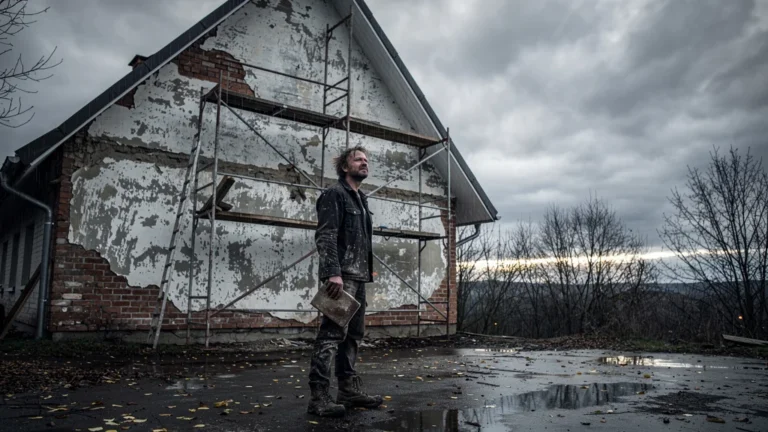 Façade nord en rénovation sous ciel orageux, homme guettant la météo pour un chantier exposé au nord