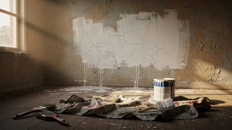 Mur intérieur en rénovation avec peinture inégale due à l'absence de sous-couche, doublant les passes