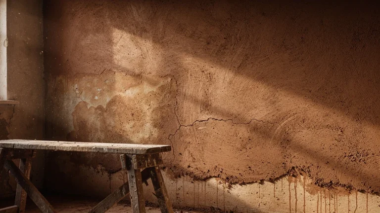 Mur enduit terre respirant avec traces d’humidité, illustration rénovation habitat naturel