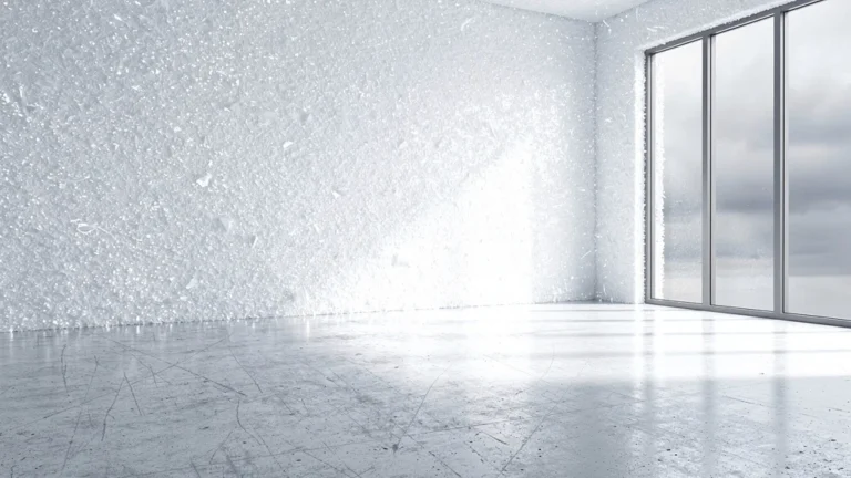 Intérieur froid et blanc avec silicate durcissant l'ambiance de la pièce, texture minérale et lumière glacée